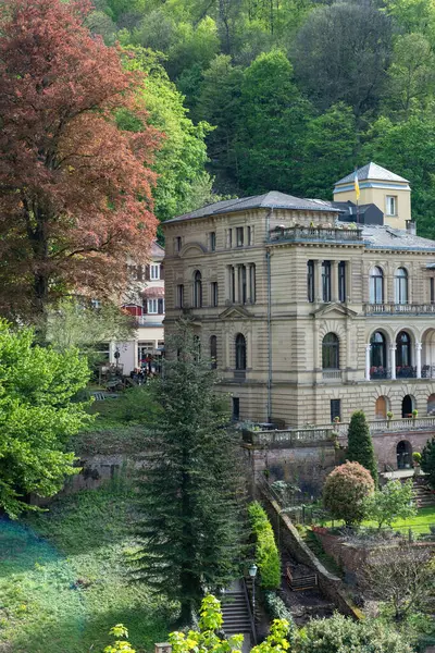 Exterior of Villa Lobstein, Heidelberg Baden-Wurttemberg, Germany. Luxury old house with pillar, balcony and staircase in lush forest. Vertical