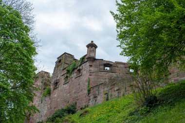 Almanya, Schloss Heidelberg Sarayı, doğadaki kale. Eski ortaçağ harabeleri, Alman manzarası, tuğla duvar kalesi göz önüne alındığında.