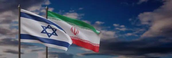 Ізраїльські Іранські Прапори Показані Тлі Блакитного Неба Хмарами Рендеринг Ліцензійні Стокові Зображення