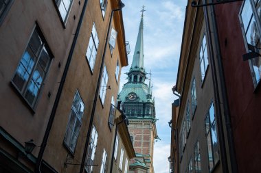 Alman ya da St. Gertrude Kilisesi, Tyska Kyrkan in Gamla Stan Old Town dini merkezi Stockholm İsveç. Kulede saatin üst kısmı..