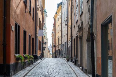 Stockholm İsveç, fenerli geleneksel renkli bina, saksı bitkisi, dar dolambaçlı kaldırım yolu, varış noktası Gamla Stan Old Town.. 