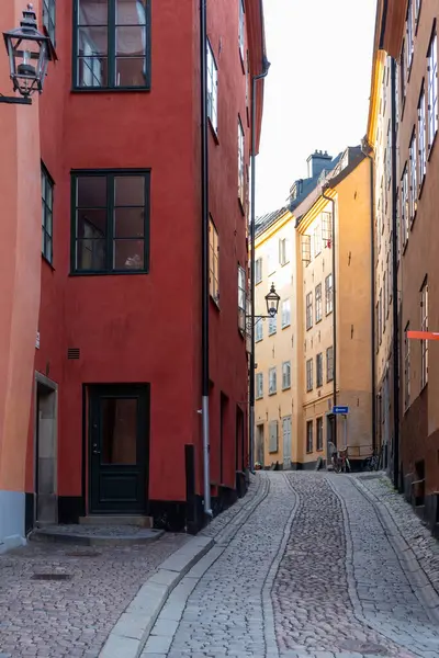 Stockholm Sweden Empty Narrow Paved Winding Alleyway Colorful Building External Stock Photo