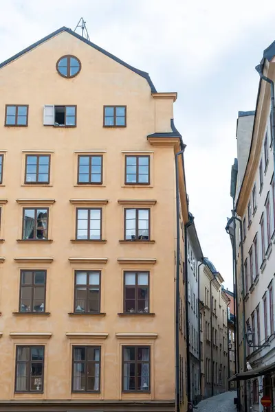 Sweden Stockholm Traditional Imposing Building Big Window Narrow Winding Cobblestone Stock Picture