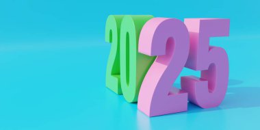 2025 yeni yıl, yeşil ve pembe büyük rakam açık mavi arka plana karşı. Yeni yılın kutlu olsun. Dilek için boş yer var. 3d hazırlayıcı