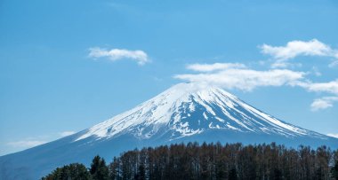 Japonya 'daki Fuji Dağı, karlı zirve, gözlemevi güvertesi manzarası, ilkbaharda mavi açık gökyüzü.