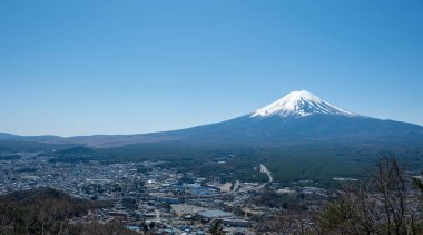 Japonya 'daki Fuji Dağı, karlı zirve, gözlemevi güvertesi manzarası, ilkbaharda mavi açık gökyüzü.