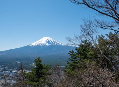 Japonya 'daki Fuji Dağı, karlı zirve, gözlemevi güvertesi manzarası, ilkbaharda mavi açık gökyüzü.