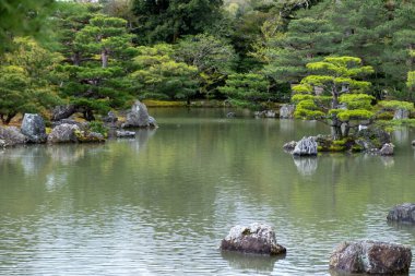 Göllü Japon bahçesi, sakin suların etrafındaki ağaçlar ve kayalar Kinkaku-ji bahçesi ve gölü, Kyoto, Japonya