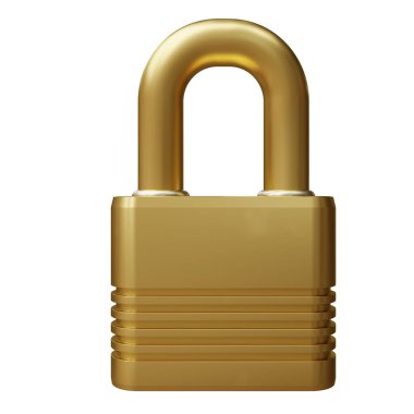 Asma kilit, altın kilit beyaz şeffaf üzerinde izole edilmiş, 3D görüntüleme