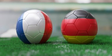 Futbol maçı, Almanya Fransa 'ya karşı, yeşil çimlerde futbol topları, 3D illüstrasyon.