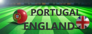 Futbol maçı, Portekiz İngiltere 'ye karşı, yeşil çimlerde futbol topları, 3D illüstrasyon.