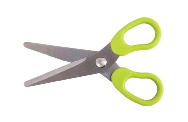 Okul makası açık, yeşil kabzası beyaz, şeffaf 