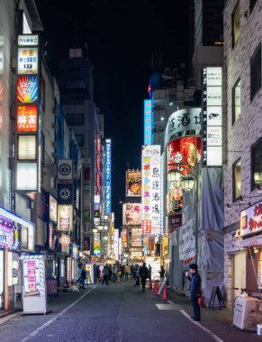Tokyo Japonya. 11 Nisan 2024. Shinjuku sokaklarında gece hayatı eğlencesi. Aydınlatılmış tabela, neon ışıklar