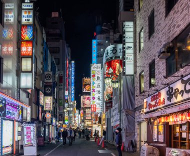 Tokyo Japonya. 11 Nisan 2024. Shinjuku sokaklarında gece hayatı eğlencesi. Aydınlatılmış tabela, neon ışıklar