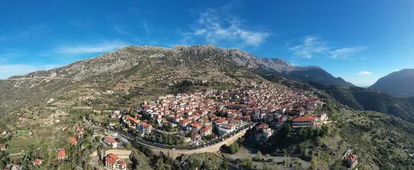 stock image Greece Arachova village on Parnassos Mountain aerial drone view, Viotia. Tourist resort for winter sports, sunny summer day