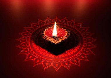 Diwali Hindu Işık Festivali. Kırmızı arkaplanda Diya yağı lambası, alanı kopyala