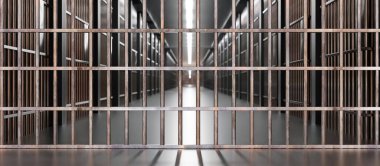 Hapishanenin içinde. Hapishane hücreleri, koridor ve metal parmaklıklar. 3d illüstrasyon