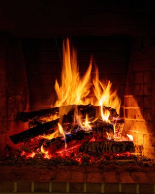 Ateş alevleri, şöminede yanan odunlar. Kışın sıcak bir yuva, sıcak. Noel tatili
