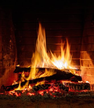 Ateş alevleri, şöminede yanan odunlar. Kışın sıcak bir yuva, sıcak. Noel tatili