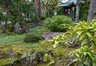 Çeşitli bitki ve ağaçların olduğu Japon bahçe sahnesi, yosun kaplı zemin ve küçük eğreltiotları. Japonca ve İngilizce metinlerle çıkış imzası