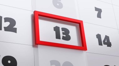 İşaretli takvim gününün kırmızı çerçevesi, yakın çekim görüntüsü. 13. Cuma konsepti. Kötü şans tarihi batıl inanç, 3D canlandırma