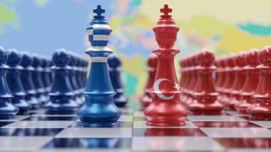 Yunanistan ve Türkiye ilişkileri. Satranç krallarında Türk ve Yunan bayrakları. 3d hazırlayıcı