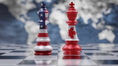 Kanada ve ABD ilişkileri. Amerika Birleşik Devletleri ve Kanada bayrakları satranç krallarının üzerinde. 3d hazırlayıcı