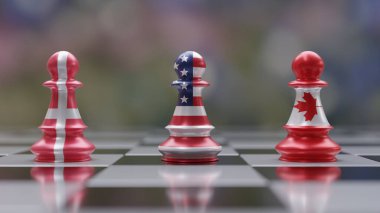 Kanada Danimarka ve ABD ilişkileri. Amerika Birleşik Devletleri, Danimarka ve Kanada bayrakları satranç taşları üzerinde. 3d hazırlayıcı