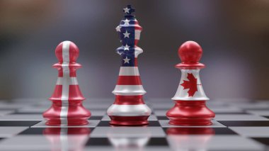 Kanada Danimarka ve ABD ilişkileri. Amerika Birleşik Devletleri, Danimarka ve Kanada bayrakları satranç taşları üzerinde. 3d hazırlayıcı
