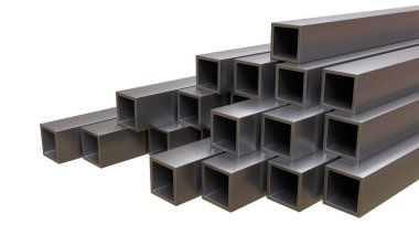 Çelik oyuk kirişler, kare şeklindeki tüp beyaz renkte izole edilmiş, 3D renkte.