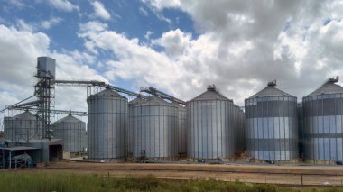Toplu tahıl deposu için büyük metal silolar. Güney Afrika 'daki tarım tesisi, mavi bulutlu gökyüzü.  