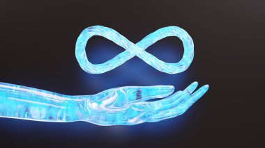 Mavi sonsuzluk sembolü açık bir avuç üzerinde yüzüyor, dijital evrim. 3d hazırlayıcı