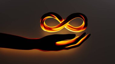 Avuç içinin üzerinde parlayan sonsuzluk sembolü, 3d render