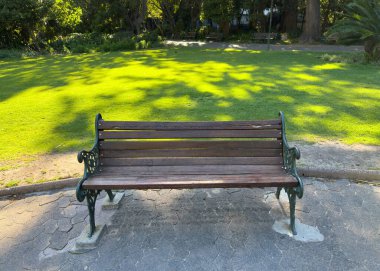 Şehir parkında boş bir bank, ön manzara. Çimen ve ağaçların arka planı