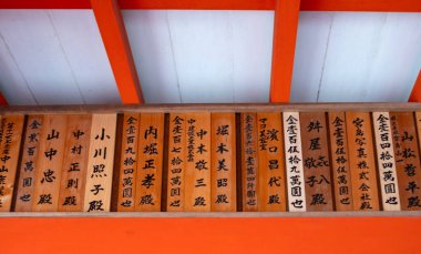 Miyajima. Japonya. 4 Nisan 2024. Bir Shinto türbesi içinde ahşap bağış plaketleri. Kanji Kaligrafi 'de bağışçıların isimleri