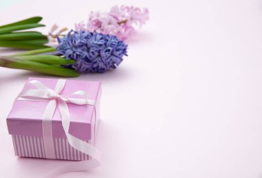 Anneler günü hediyesi. Taze sümbüller, bahar çiçekleri ve pembe arka planda bir hediye kutusu.