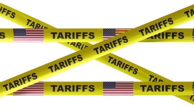 Gümrük vergisi artışı, ticari savaş konsepti. Tarifeler beyaz, 3D render üzerinde izole edilmiş sarı bant metni