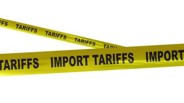 Gümrük vergisi artışı, ticari savaş konsepti. Tarifeler beyaz, 3D render üzerinde izole edilmiş sarı bant metni