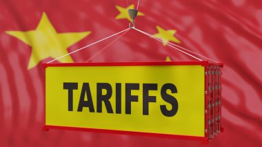 Gümrük tarifesi bir kargo konateratörü, Çin bayrağı geçmişi, gümrük vergisi artışı, ticari savaş konsepti. 3d hazırlayıcı