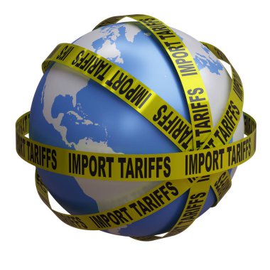 Gümrük vergisi artışı, ticari savaş konsepti. Tarifeler beyaz, 3D render üzerinde izole edilmiş sarı bant metni