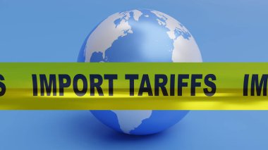 İthal Gümrük İthalatı sarı şerit ve dünya küresi. Gümrük zammı, Ticaret Savaşı konsepti. 3d hazırlayıcı