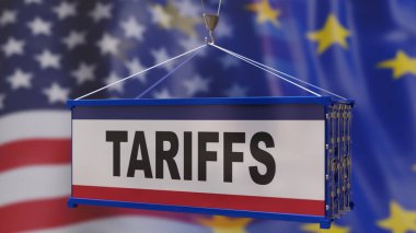 US Tariff, Ticaret Savaşı konsepti. Gümrük tarifesi bir kargo konateratörü, Avrupa Birliği ve Amerikan bayrağı üzerine.