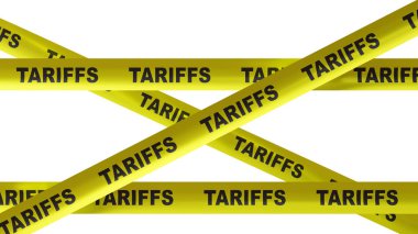 Gümrük vergisi artışı, ticari savaş konsepti. Tarifeler beyaz, 3D render üzerinde izole edilmiş sarı bant metni