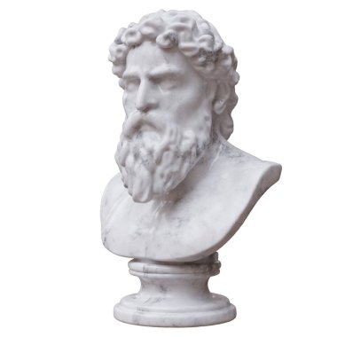 Beyazda izole edilmiş bir adamın mermer heykeli. Antik Yunan heykeli erkek kafası ve göğüs kemiği. 3d hazırlayıcı