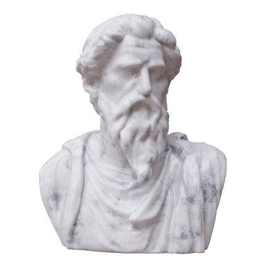 Beyazda izole edilmiş bir adamın mermer heykeli. Antik Yunan heykeli erkek kafası ve göğüs kemiği. 3d hazırlayıcı