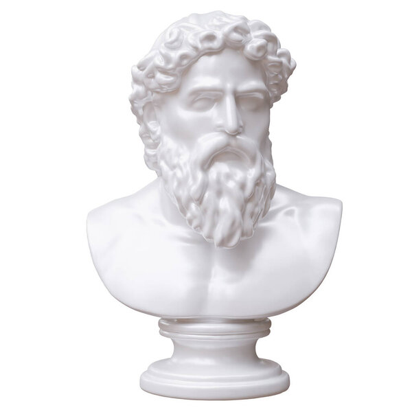 Marble statue of a man isolated on white. Ancient greek sculpture male head and bust. 3d render