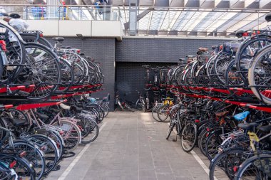 Rotterdam Hollanda. 10 Mayıs 2025. Bisikletlerin park etmesi, bisikletlerin Centraal tren istasyonunda raflara park edilmesi.