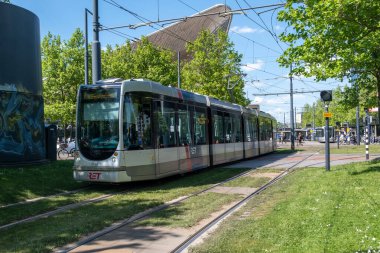 Rotterdam Hollanda. 9 Mayıs 2025. Şehir merkezinde tramvay, şehir merkezinde toplu taşıma, güneşli bir gün. Hollanda