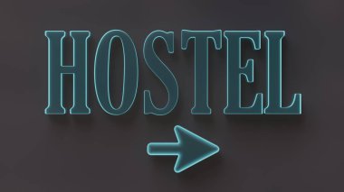 HOSTEL işareti, neon ışıklı metin ve yön oku siyah arkaplan üzerinde izole, 3d render