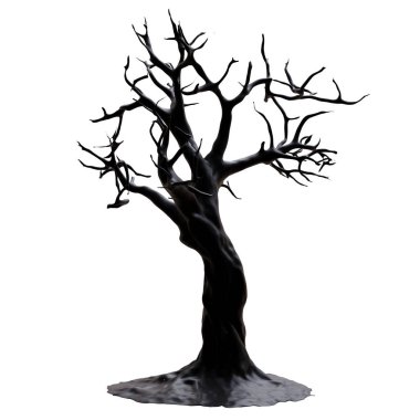 Beyaz üzerine izole edilmiş ölü ağaç silueti. Kuru ağaç gövdesi, dallar, cereyan, kurak iklim konsepti. 3d hazırlayıcı